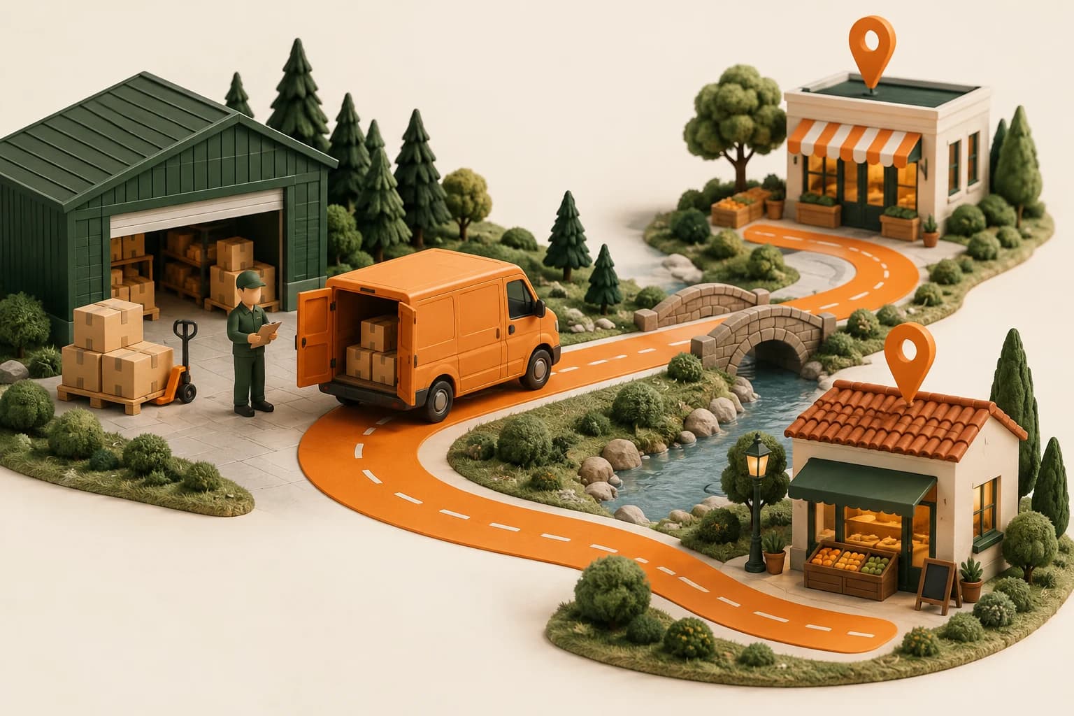 An orange delivery van following a route from a depot to neighborhood stores.