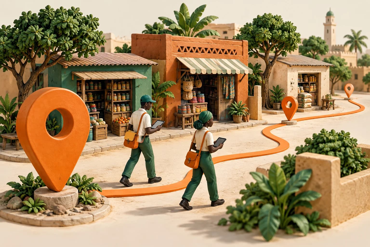 An orange route connects field representatives and neighborhood shops in a miniature streetscape.