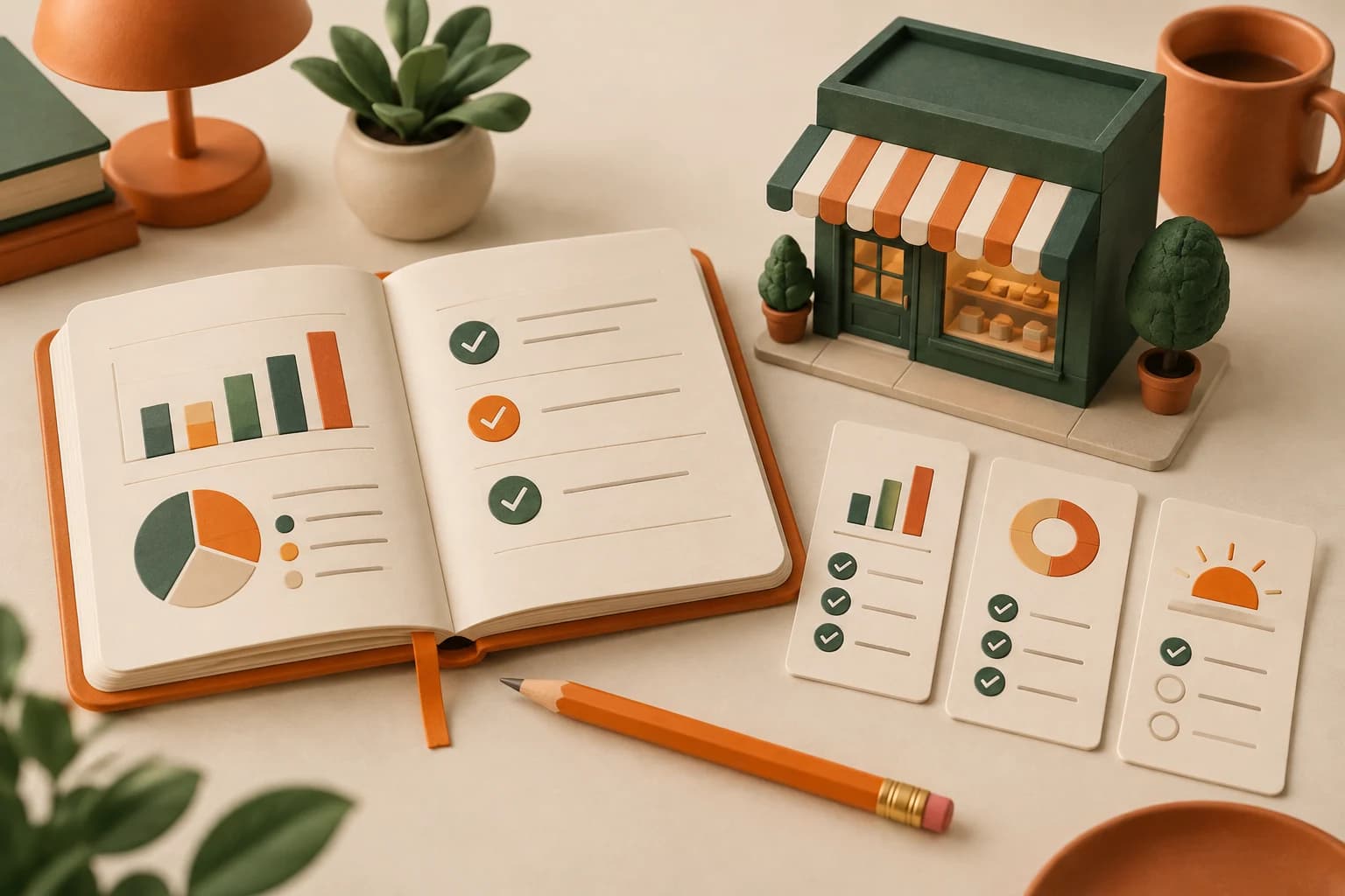 A cream report notebook, orange pencil and miniature shop arranged as a daily reporting illustration.