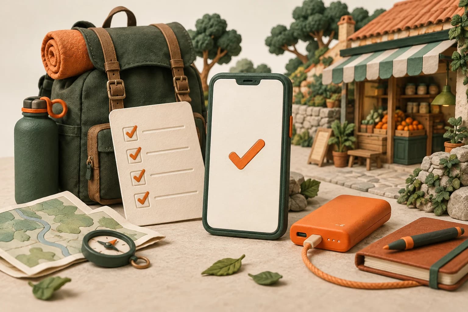 A phone, power bank, field bag and checklist arranged for offline field-work preparation.