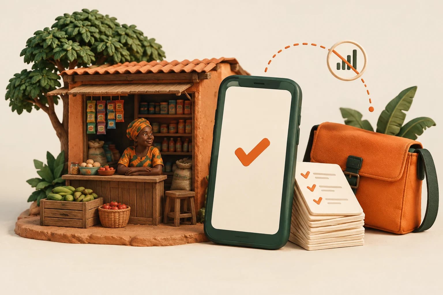 A sculptural phone, checked order cards and a neighborhood shop illustrating offline sales.