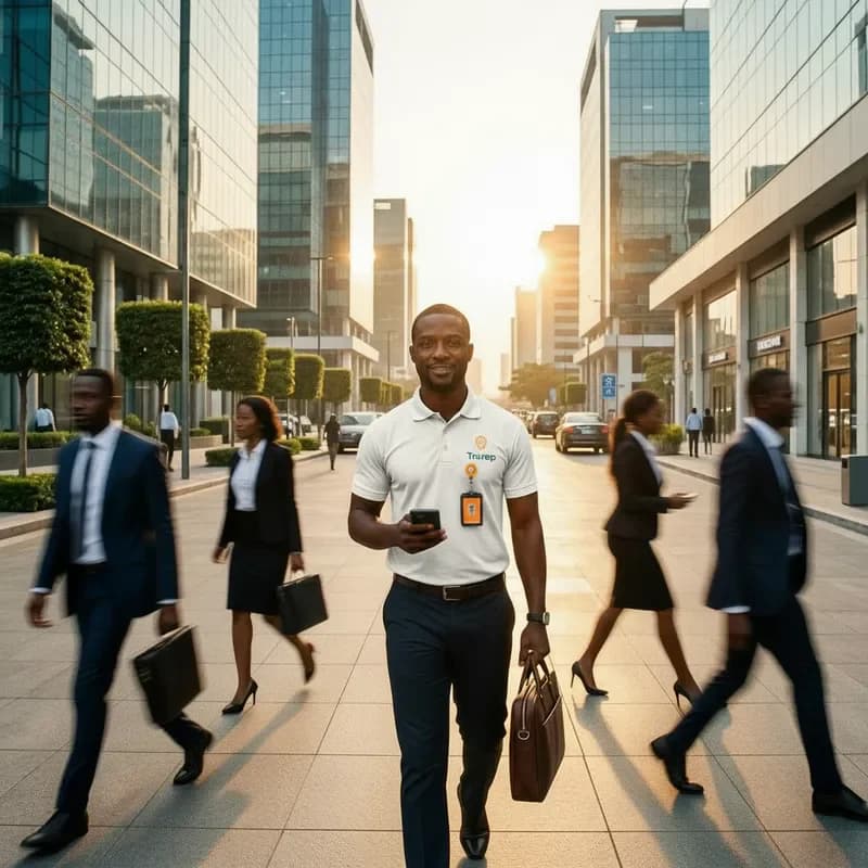 Illustration of a Trurep field representative holding a phone outside customer offices