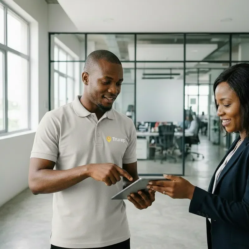 A Trurep field rep showing a shop owner a GPS-verified check-in on a tablet